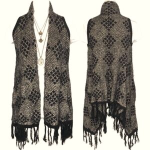 BCBGMaxAzria Duster Vest Cozy Fluffy Boho Fringe Brown Ivory